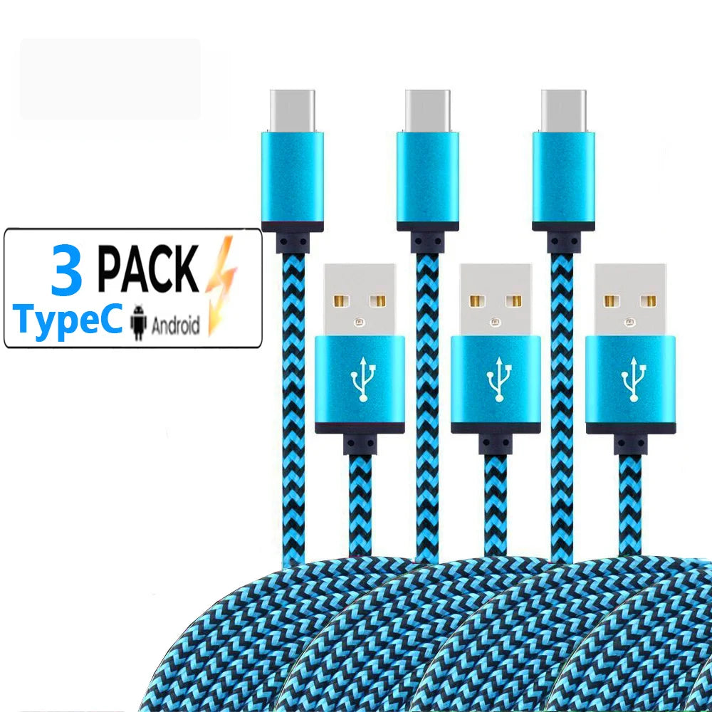 كابل USB من النوع C لمزامنة البيانات 2.4 أمبير شحن سريع لهاتف Samsung Huawei Android المحمول بطول 1 متر و2 متر و3 متر كابل شاحن من النايلون المضفر