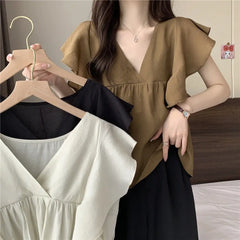 Ele Summer New Sle Women's irt Beautiful Soft Korean Sweet Fly Sve V-ne Top Polyester Fiber Casual Faion
