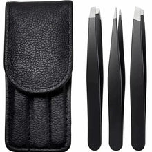 Black slant-tip eyebrow tweezers set with black leather case, three tools
