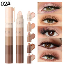 Pearlescent glitter eye shadow pen (02#) shown in multiple swatches and on eyelids