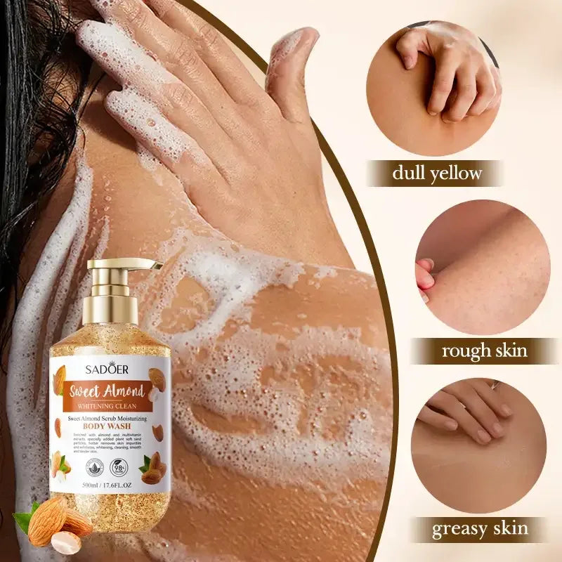 500ml SADOER Sweet Almond Oil Body Wash Exfoliate Whitening Moisturizing Replenish & Cleanse Sweet Almond Scrub Shower Bath Gel - Mumzar