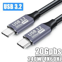 كابل USB 3.2 بسرعة 20 جيجابت في الثانية، 48 فولت، 5 أمبير، 240 واط، كابل USB C إلى Type-C 3.2 Gen2 لنقل البيانات، كابل USB C للقرص الصلب SSD، 4K، 60 هرتز، شحن سريع QC 3.0