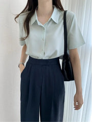 Ele Chiffon irt ort Sve Summer New Loose Collar  Ne White Top Women's Faion Commute Sle Straight Cut