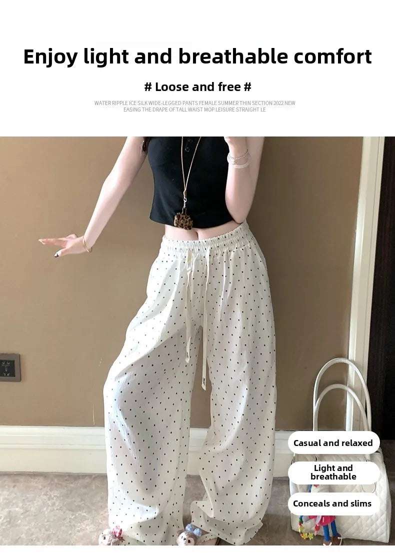 Korean Sle Polka Dot Straight Leg Casual Pants Women's High Waist Loose Slimming Summer Wide Leg Home Pants