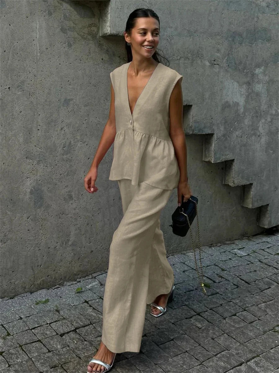 Fashion Pink 2 Piece Set Women Summer Chic Elegant Outfit Single Breasted Sleeveless Ruffles Tank Top Loose Wide-leg Pants Sets