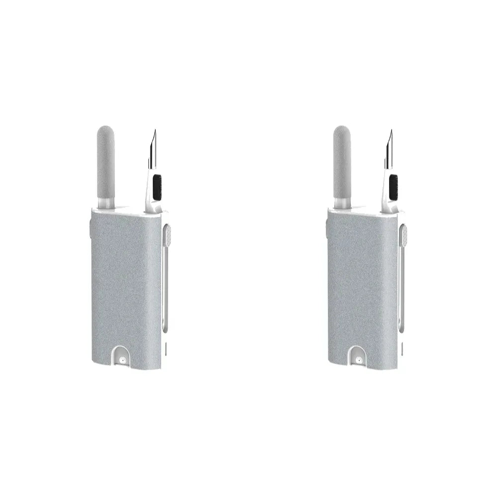 Earphone cleaner brush kit with two gray units, bristle brush tips and pen tools