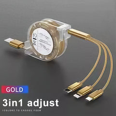 3-in-1 Telescopic USB Fast Charging Cable for iPhone 15/Samsung S23/Huawei, Type-C & Android Phone, 3A Nylon-Braided Durable Cha