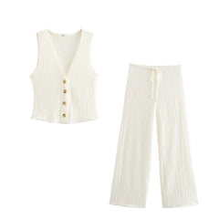 EDSA Women 2 Pcs Set V-Neck Single Breasted Solid Texture Casual Vest Top+High-Waisted Drawstring Wide Leg Pants