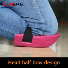 Pink knee protection pad with black strap, half-bow shape on jeans.