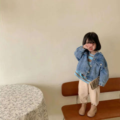 6704-1 Children's Denim Jacket Spring and Autumn Korean Girl's Denim Jacket Casual Loose Boy's Coat Cardigan.