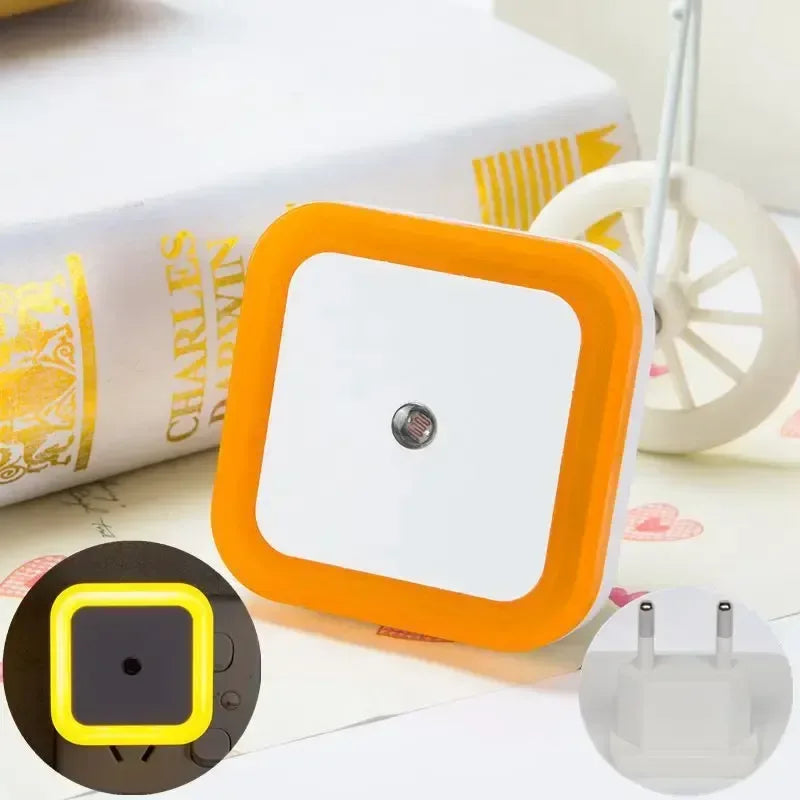 Mini LED night light with orange frame and white diffuser, EU plug included