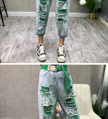 High Waist Skinny Jeans Women's Thin Denim Pants Bell Bot Casual Loose Fit Nine-Tenths Length Hole Design Harlan Sle