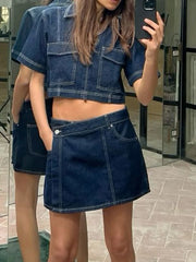 Women’s 2 Piece Denim Outfits Set Short Sleeve Lapel Neck Cropped Jean Pullover Tops + Button High Waist Asymmetrical Shorts