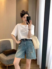 High Waist Wide Leg Jeans ort Pants Women's Spring Summer New Sle plus Size Hole Punching Slimming Denim  orts