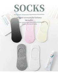 5 Pairs of WOMEN'S Solid Color Invisible Socks, Cotton Silicone Anti Slip Spring Ankle Socks, Casual Breathable Thin Boat Socks