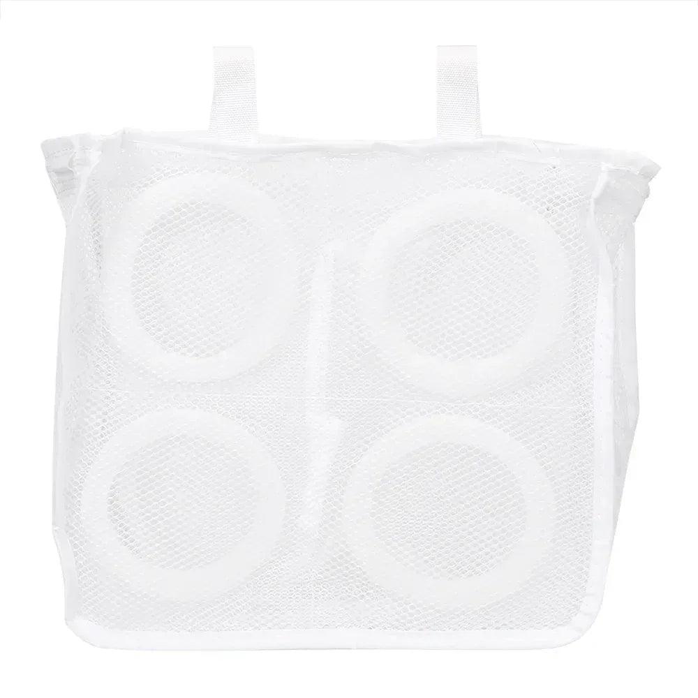 White mesh shoe laundry organizer bag with four circular compartments and zip closure