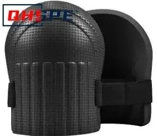 Black knee pad with rounded front and elastic strap across