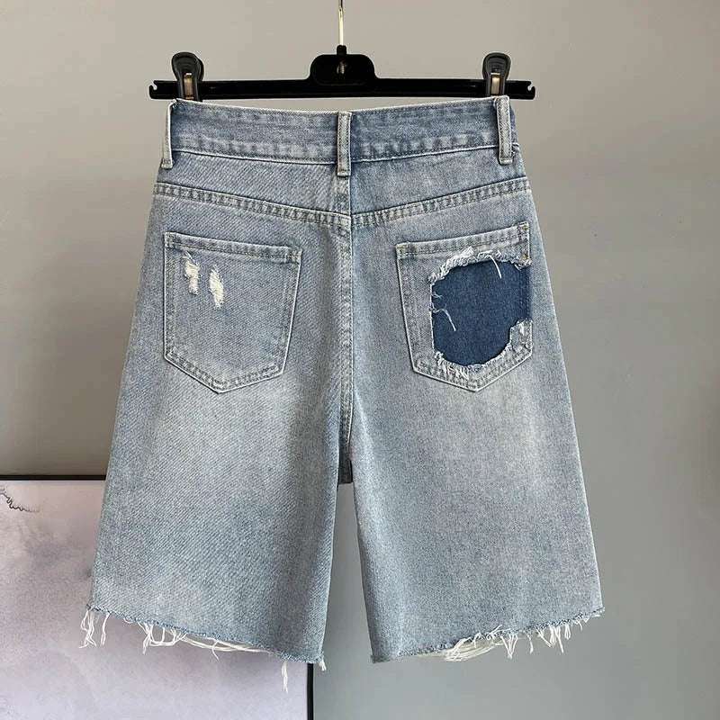 High Waist Loose Fit  Diamond Embellied Denim Five-Point Pants Summer New Sle Women's Trendy Hole Punch Jeans