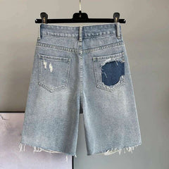 High Waist Loose Fit  Diamond Embellied Denim Five-Point Pants Summer New Sle Women's Trendy Hole Punch Jeans