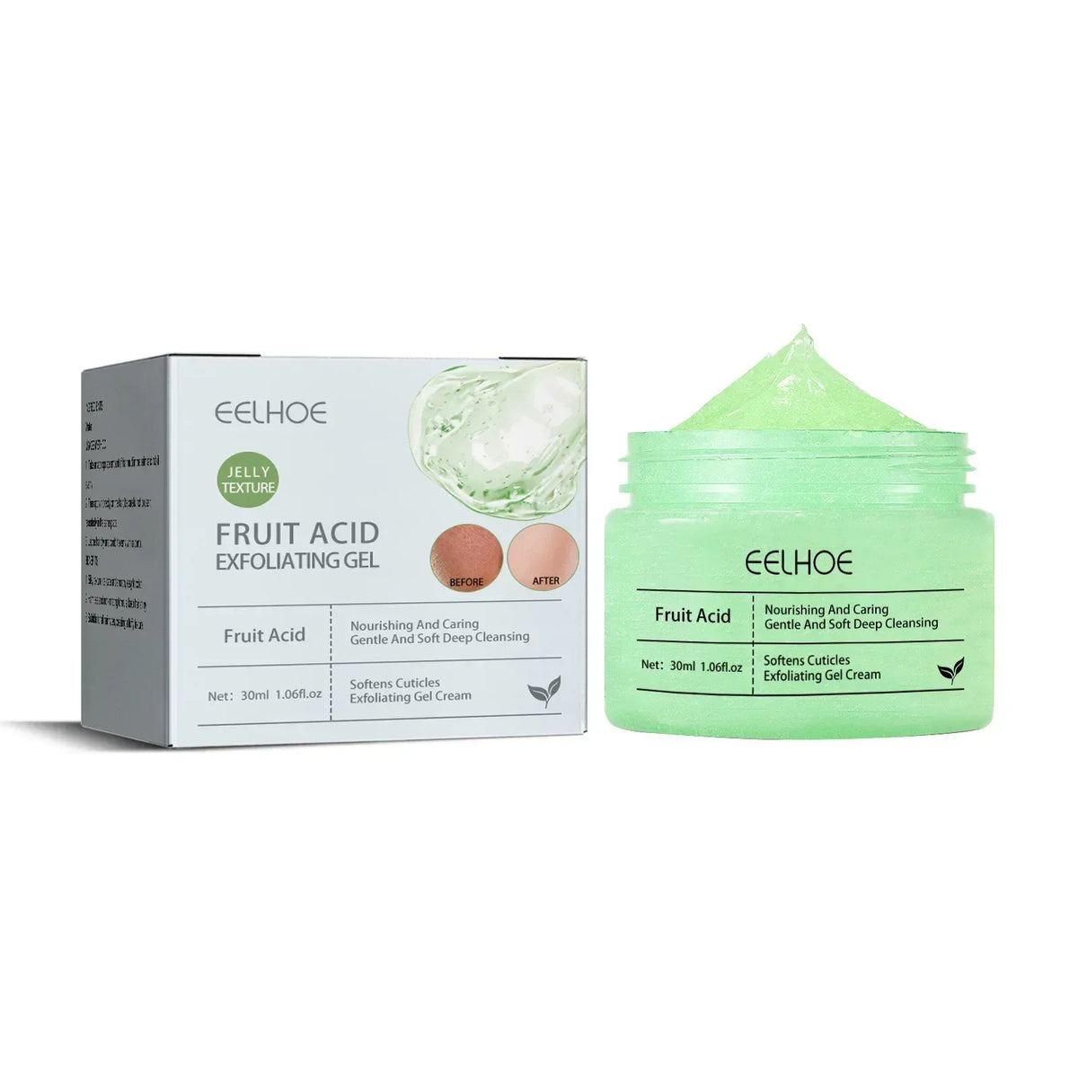 Fruit acid exfoliating gel box and mint-green gel jar