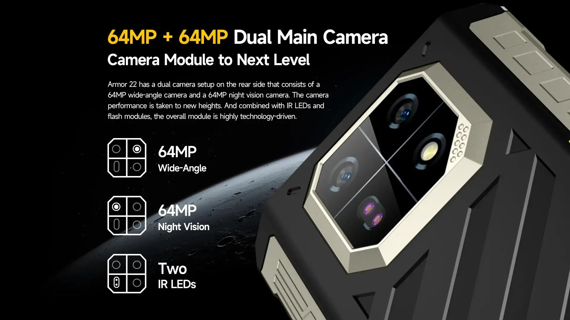 Close up of Ulefone Armor 22 rugged smartphone rear dual 64MP camera module with IR LEDs