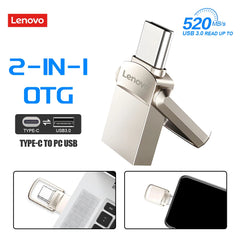 محرك أقراص فلاش USB 3.1 أصلي من لينوفو بسعة 2 تيرابايت معدني U Disk 2 في 1 OTG 1024 جيجابايت 128 جيجابايت 512 جيجابايت 1 تيرابايت للهواتف والحاسوب
