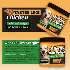 Dog Allergy&Itch Relief Supplements With Omega-3,Vitamin C&Probiotics，Support Skin&Immune Health, Supplement Nutrition,90 chews