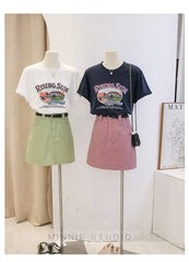 Anti-Aging Cartoon Print ort Sve Women's T-irt Loose Fit Summer Casual round Ne oulder Appropriate Outerwear
