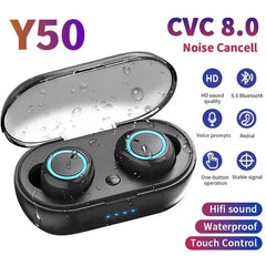 سماعات أذن لاسلكية Y50 TWS Fone Bluetooth مع تحكم باللمس وسماعة رأس لاسلكية مزودة بميكروفون وسماعات أذن بلوتوث