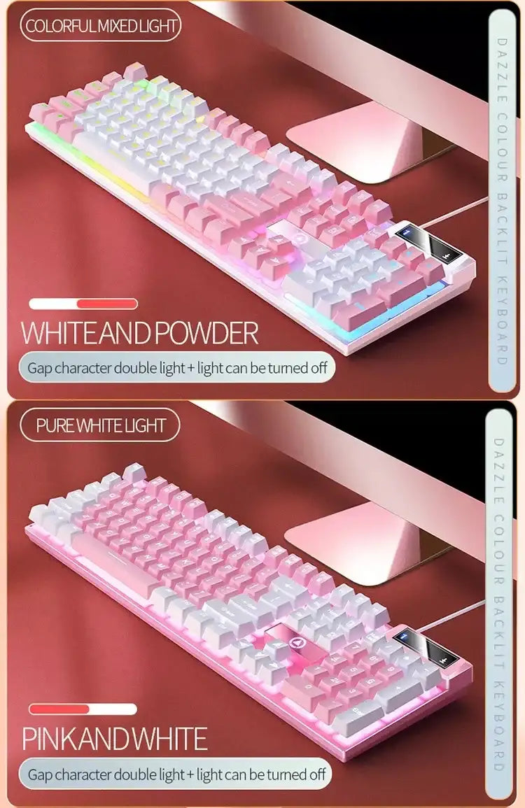 K500 Pink Keyboard Mixed Color White Pink Keycaps 104 Keys Wired Gaming Keyboard for Laptop PC