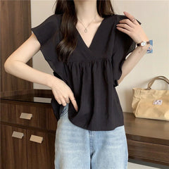 Ele Summer New Sle Women's irt Beautiful Soft Korean Sweet Fly Sve V-ne Top Polyester Fiber Casual Faion