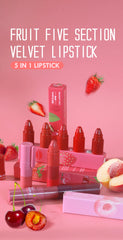 5-in-1 Fruit Velvet Matte Lipstick Set, Long-Lasting, Highly Pigmented, Moisturizing Lip Balm, Smooth Application for Soft lips