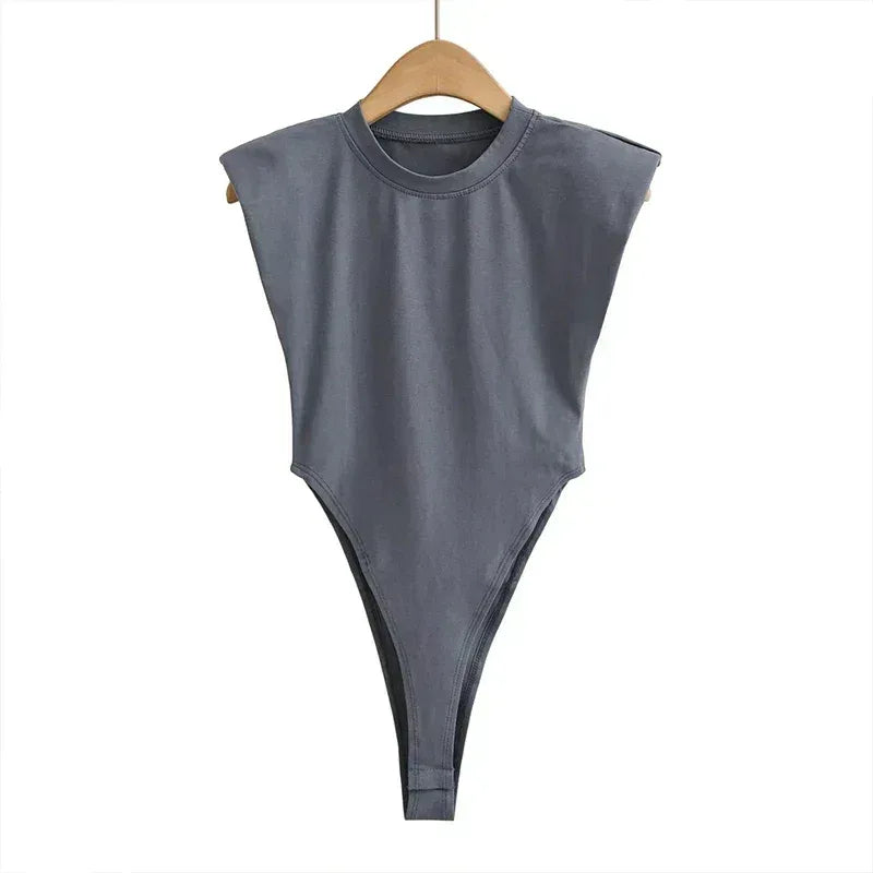 Gray sleeveless bodysuit with crew neckline on hanger