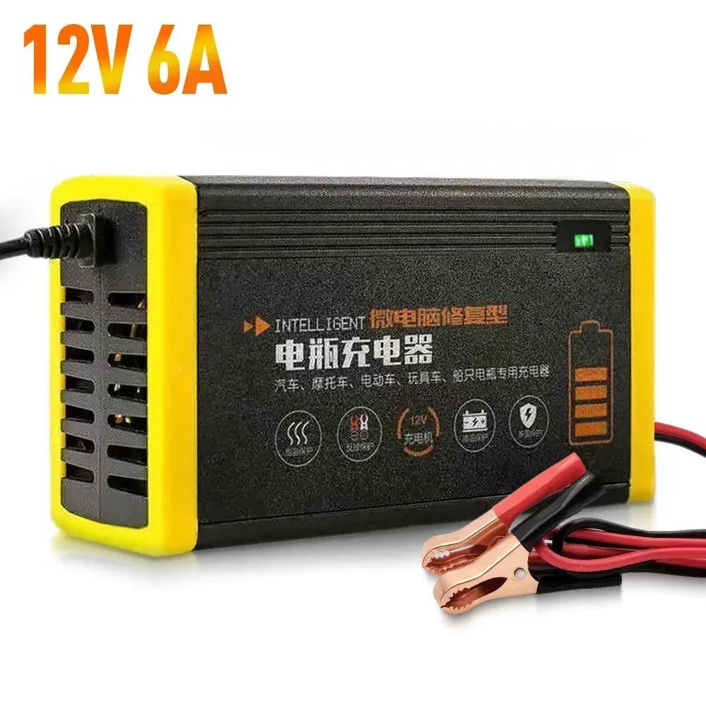 12V 6A car battery charger, yellow/black body with green LED and red/black clamps