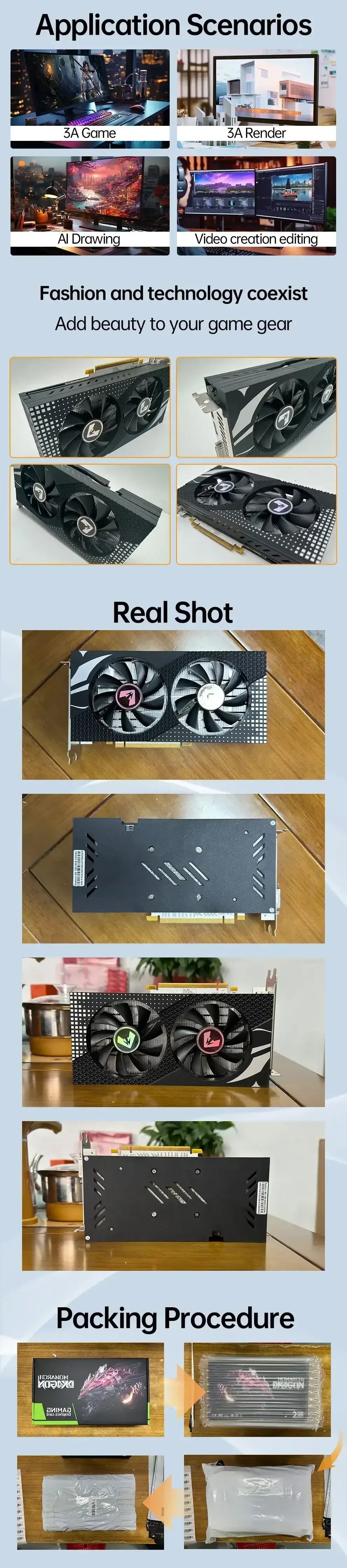 RX580 graphics card infographic with application scenarios and packing procedure photos
