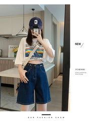 Deep Blue Denim orts Women's High Waist Straight Leg Five-Quarter Length Summer Casual Student Faion Hong Kong Sle Design