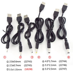 موصل كابل تمديد طاقة تيار مستمر 5 فولت من USB إلى DC 3.5*1.35 مم 2.0*0.6 مم 2.5*0.7 مم 4.0*1.7 مم 5.5*2.1 مم 5.5*2.5 مم