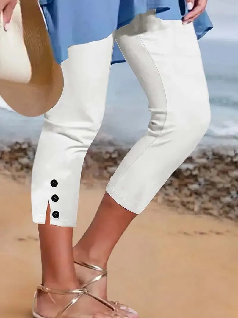 Plus size summer mid waist elastic solid color cropped pants tight, fashionable, sexy button down casual pants for women