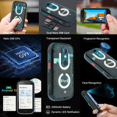 هاتف ذكي Unihertz Jelly Star Mini يعمل بنظام Android 13 بسعة 8 جيجابايت وذاكرة 256 جيجابايت ومزود بإضاءة LED وغطاء خلفي شفاف وكاميرا 48 ميجابكسل وشاشة 3 بوصات