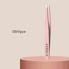 Oblique-style eyebrow tweezer tip with stainless steel blade and pink handle coating
