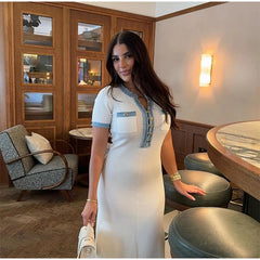 Elegant Denim Patchwork Knitted Long Dress Women Fashion V Neck Short Sleeved Buttons Bodycon Dresses Female White Pockets Robes
