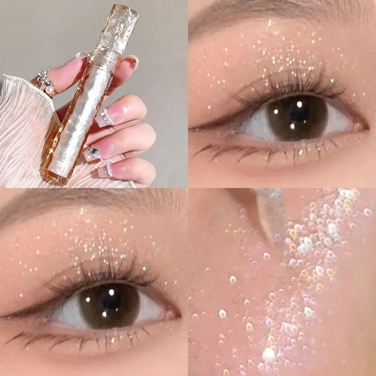 Pearlescent glitter liquid eye shadow on eyelids with fine silver sparkles