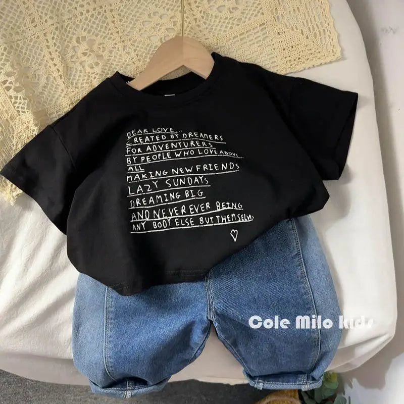 2025 Summer Loose Baby Letter Print Short Sleeves T-Shirt Children Boy Girl Fashion Cotton Tees Kid Casual Tops Toddler T-Shirts