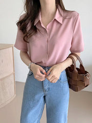 Ele Chiffon irt ort Sve Summer New Loose Collar  Ne White Top Women's Faion Commute Sle Straight Cut
