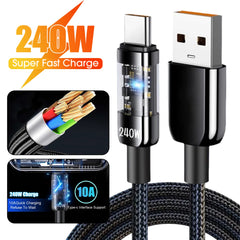 240W 10A Quick Charging USB C Cable Nylon Braided Transparent Type C High-speed Charger Wire for Samsung Huawei Mi Data Line