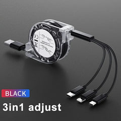 3-in-1 Telescopic USB Fast Charging Cable for iPhone 15/Samsung S23/Huawei, Type-C & Android Phone, 3A Nylon-Braided Durable Cha