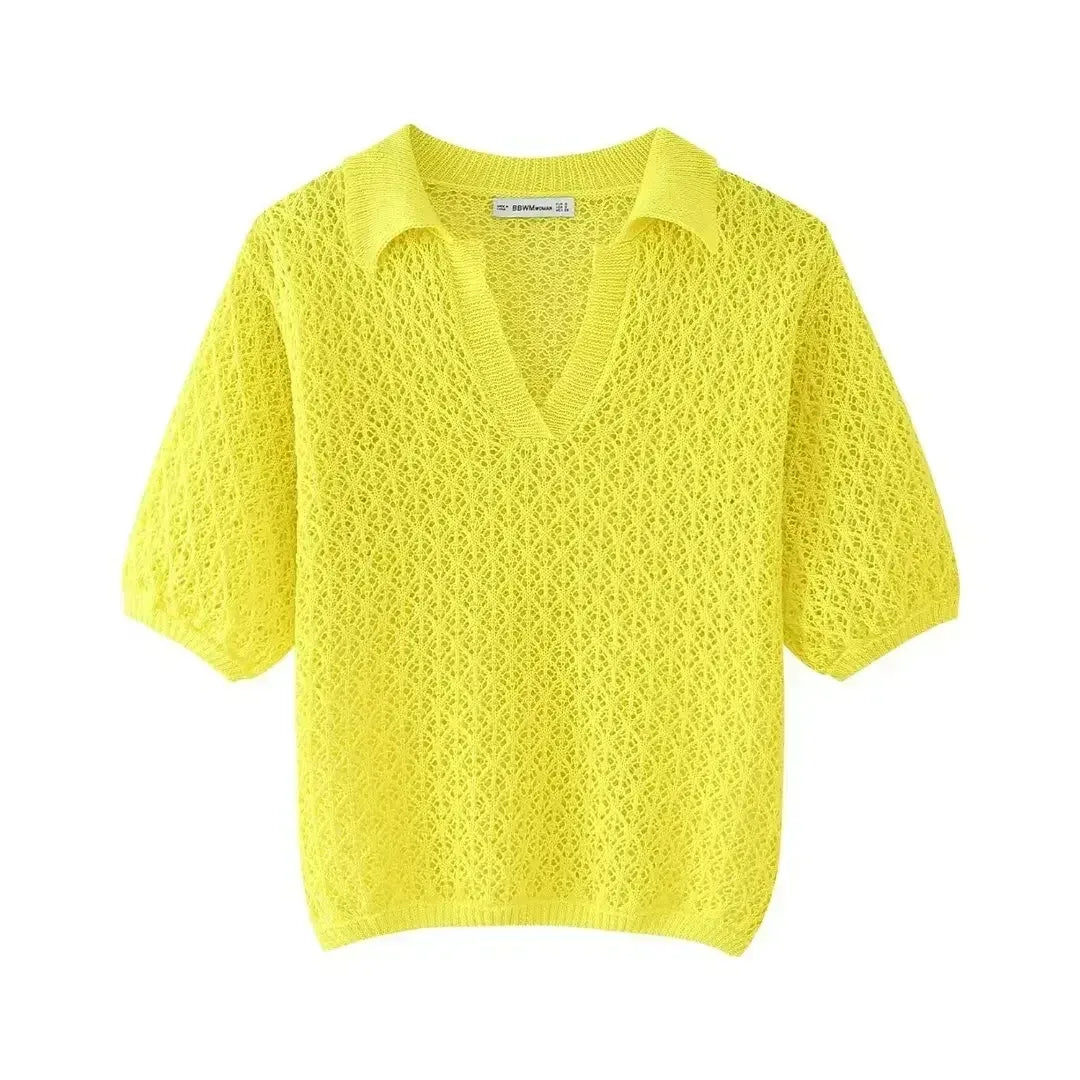 Yellow short-sleeve polo collar knit sweater pullover, openwork mesh