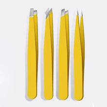 Four-piece eyebrow tweezers set with yellow grips and pointed tips