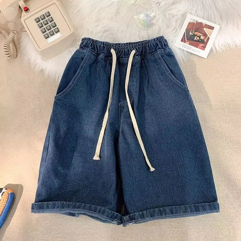High Waist Wide Leg ort Jeans Women's Summer Loose Fit Slimming Straight Cut Blue Denim orts Thin Material Five-Quarter L...