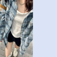 2024 New Blue Plaid irt Jaet Women's Loose Casual Meat Covering Middle Length irt Outerwear Trendy Forest System